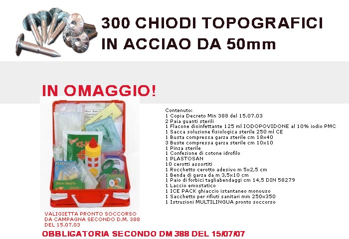 chiodi topografici, cassetta pronto soccoresi